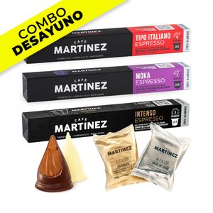 Combo Desayuno Fuerte (Cápsulas Moka, Italiano e Intenso Compatible con Nespresso + 6 alfajores + 6 conitos surtidos)