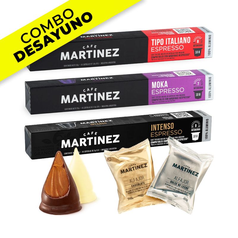 ComboDesayunoFuerteCapsulasMokaItalianoeIntensoCompatibleconNespresso6alfajores6conitossurtidos