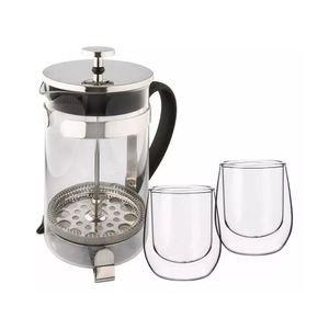 Set Cafetera Prensa de Vidrio Hudson Plateada 600 ml + 2 Vasos Vidrio Térmicos