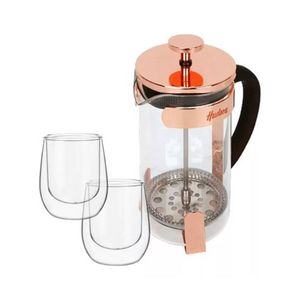 Set Cafetera Prensa de Vidrio Hudson Dorada 600ml + 2 Vasos Vidrio Térmicos