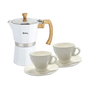 Set Hudson Cafetera Italiana Blanca x 6 Pocillos + 2 Pocillos y Plato de Porcelana